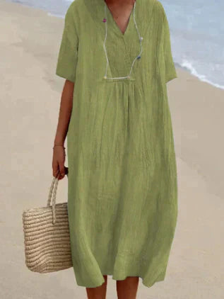 Women's Relaxed Fit Dress - V-Neck - Short Sleeve - Lightweight Breathable Fabric